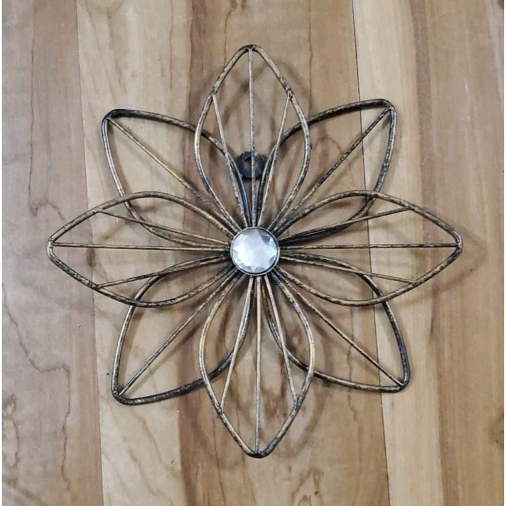 Set of 6 Shabby Chic Black Wire Layered Metal Wall Flowers Faux Diamond Center - Picture 5 of 9